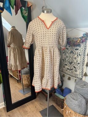 Boho Cream Printed Ruffle Dress with Orange Trim
